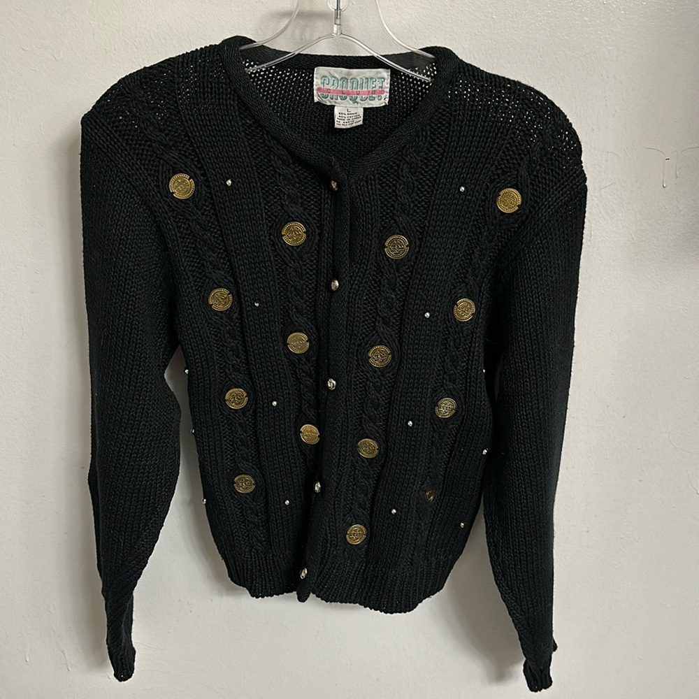 Vintage Black Cardigan with Gold Coins and Beads
